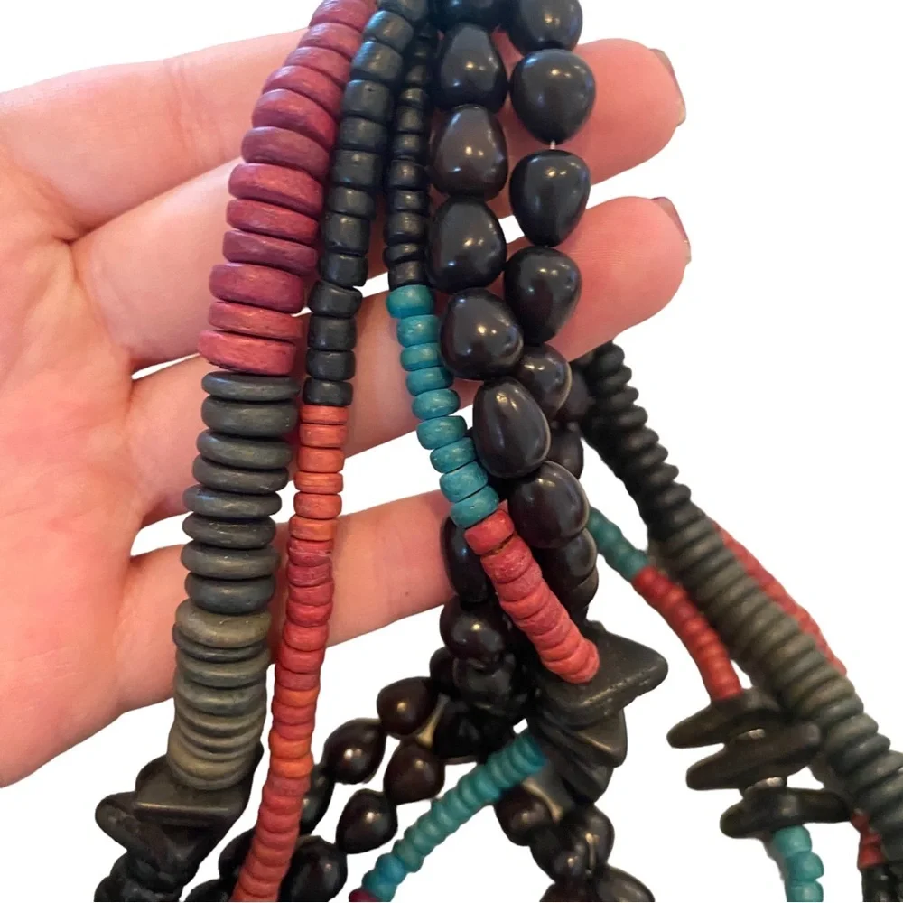 Wooden tribal multi strand multicolor necklace black red 11”